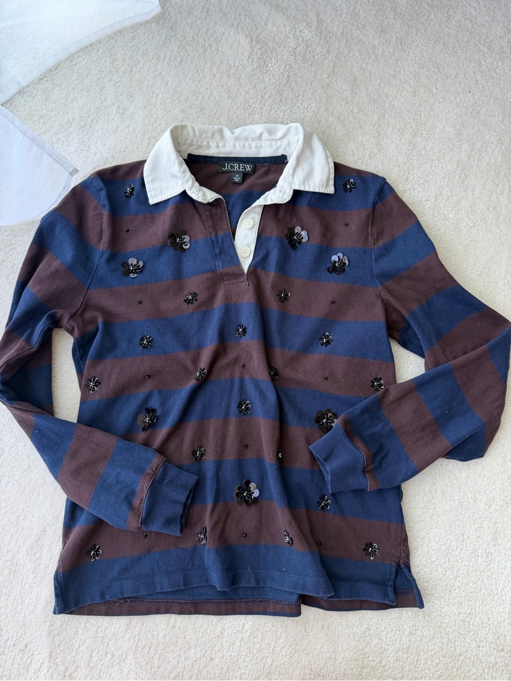 J.Crew Blue and Brown Striped Dazzled Floral Sequins Long Sleeve Shirt Top